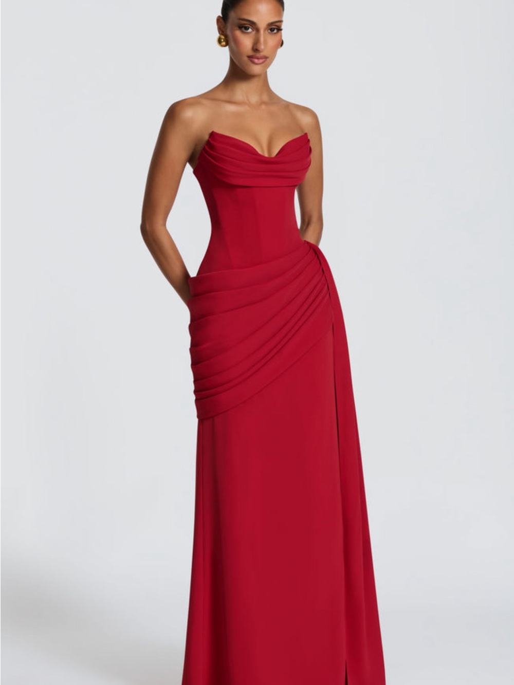 Strapless Red Maxi Evening Dress with Draped Waist